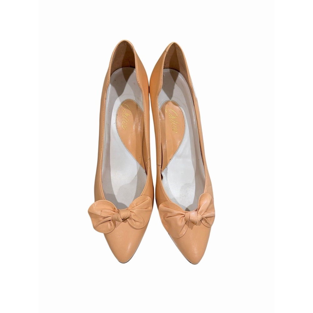 Vintage Italian Pastel Pink Peach Leather Bow Heels Womens 8 Coquette Balletcore